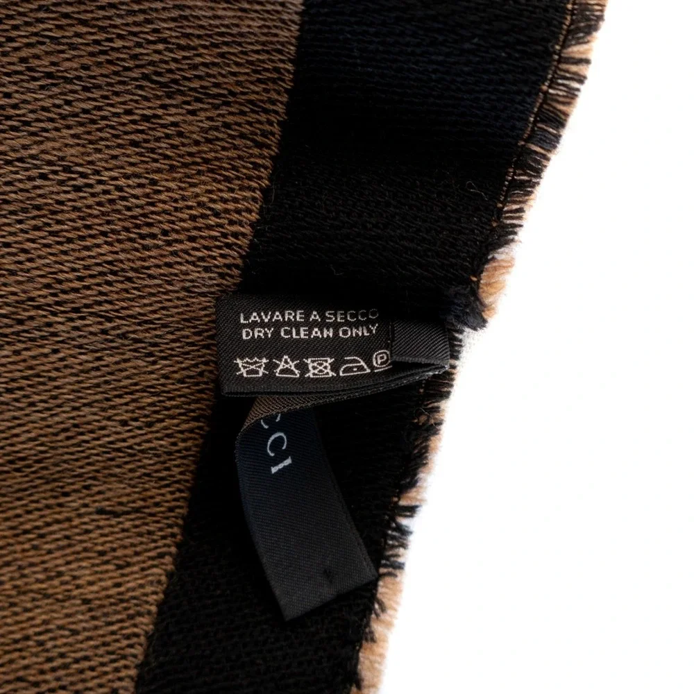 Gucci Firenze 1921 Wool Scarf Black Brown‎ Logo Fringe 172x36cm